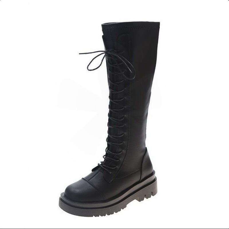 Female 2026 New Autumn and Winter High Cut Thick Soled Black Lace Up Boots That Don't Cross The Knee Trend