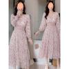 Rochie de vară cu imprimeu floral din șifon și decolteu în V pentru femei, cu volane, mâneci lungi, linie A dulce, rochie de zână de primăvară și de vară