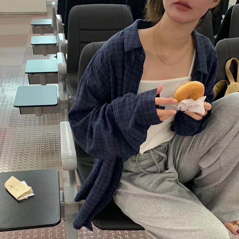 

2023 Осенняя Корейская Свободная Клетчатая Рубашка с Отложным Воротником One Size