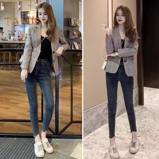 Women Spring Autumn Suit Coat Lapel Long Sleeve Single Breasted Suit Jacket Plaid Print Flap Pockets Business Outwear