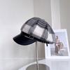 Autumn and Winter New Leather Brim Splicing Plaid Octagonal Hat Women's Retro Versatile Thermal Cap Temperament Trendy Newsboy Hat