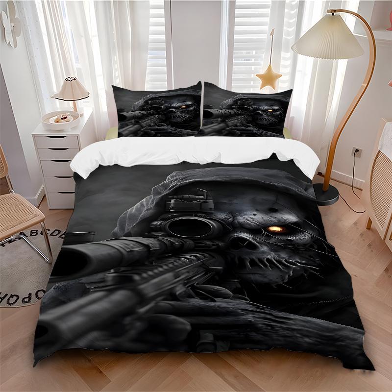 3pcs Skull with Gun Universal Three-Piece Bedding Set-Perfect for Bedroom, Guest Room, Living Room, Hotel Decor-Ideal Gift for Fans, Travele