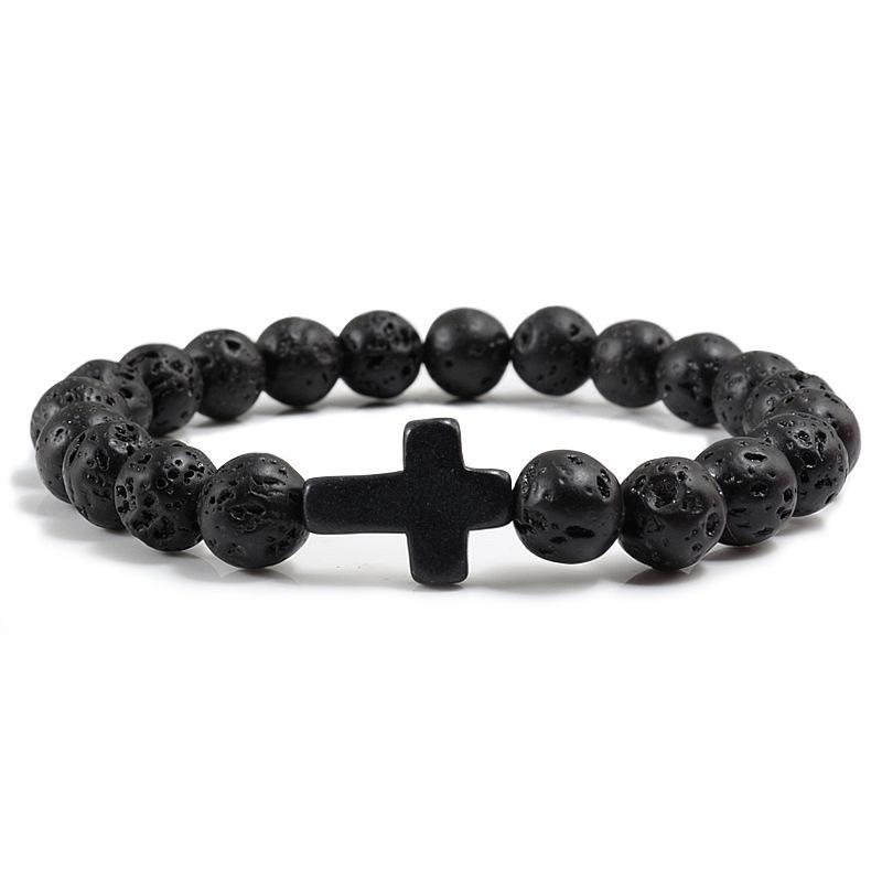 Turquoise Cross Elastic Yoga Bracelet with Black Volcanic Stone
