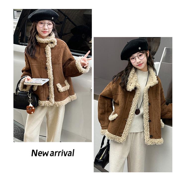 Girls' Fashionable Faux Fur and Leather One-Piece Winter Coat with Cotton-Padded Jacket for Autumn 2025