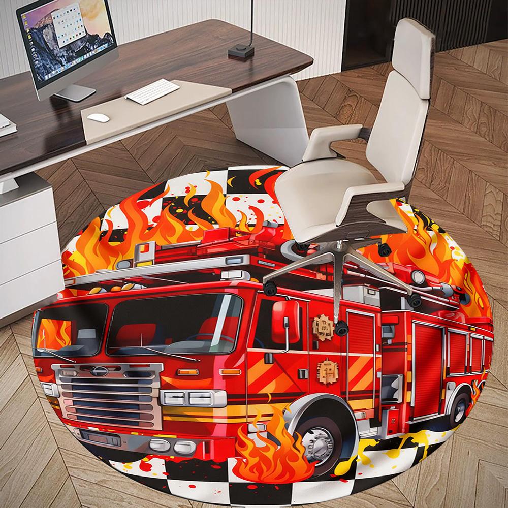 1PC Firetruck Flames Round Chair Mat Area Rug - Non-Slip, Floor Mat for Office, Bedroom, and Indoor Decor -Gift D1127234