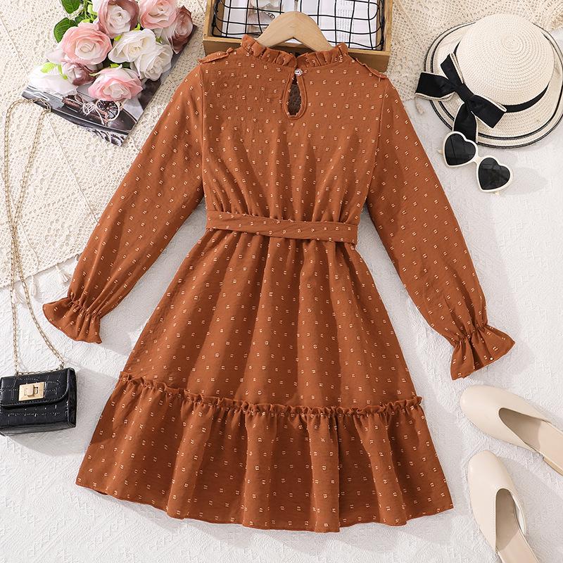 Girls' Long Sleeve Princess Dress with Pom-pom Lace Trim and Cinched Waist - Autumn/Winter Collection 