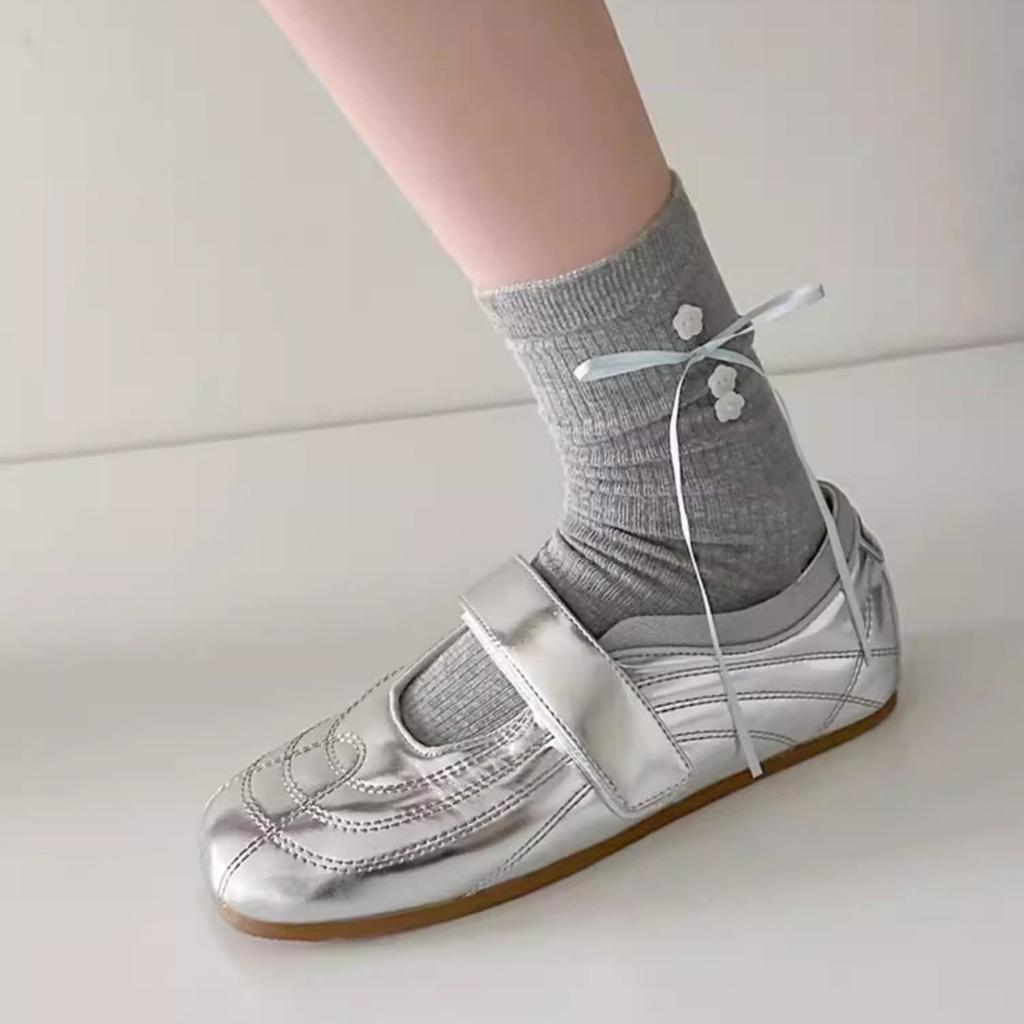 Cowhide Version~ Silver Light Mouth Mary Jane Shoes Women's 2025 New Versatile Casual Commuter Shoes Simple Retro Single Shoes