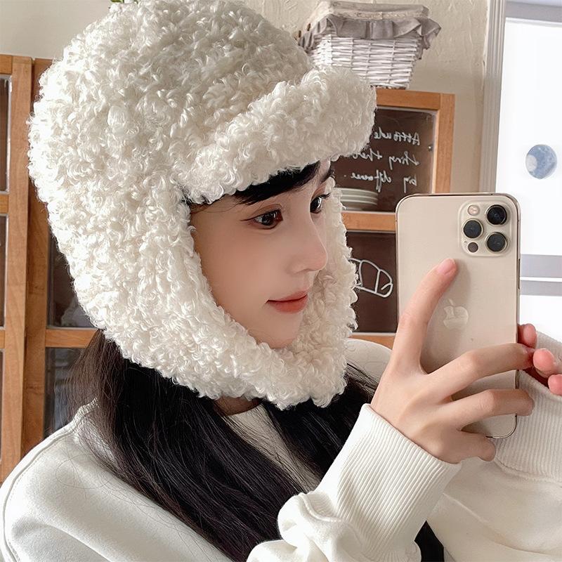 Winter Student Cycling Windproof Lei Feng Hat, Japanese Solid Color Versatile Lamb Wool Thermal Ear Hat Children