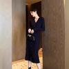 Early autumn black sweater knitted V-neck inner with bottom long dress with coat women's winter wear