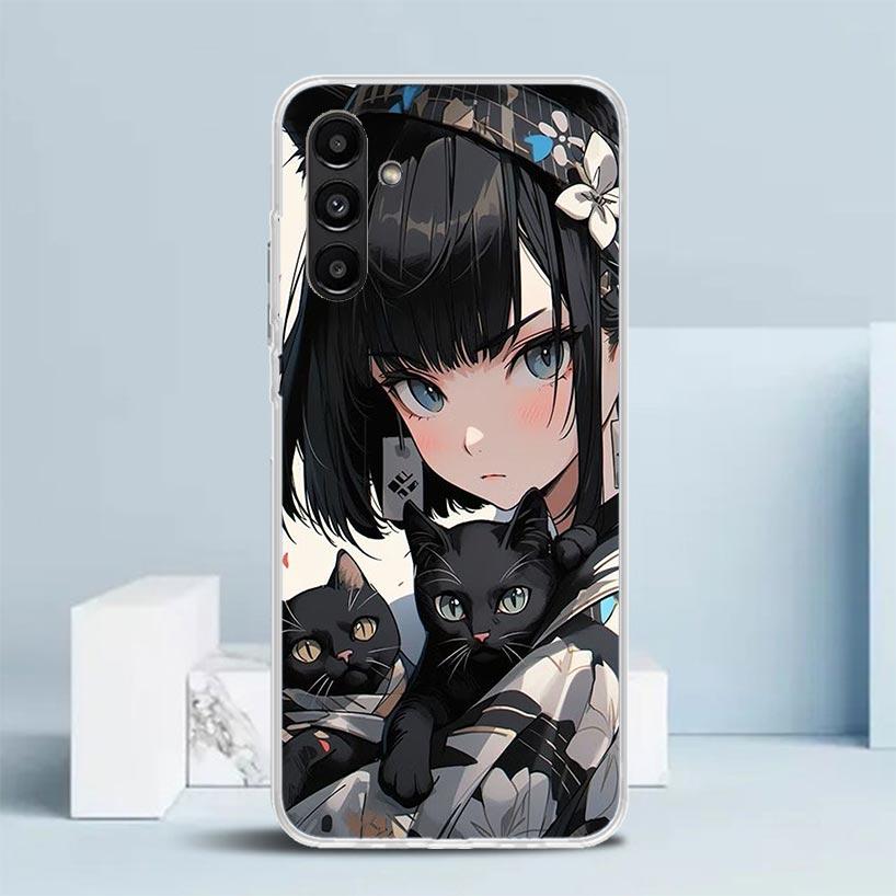 Anime Girls Cute Black Cat Phone Case For Samsung Galaxy A17 A37 A57 A16 A15 A14 A13 A56 A55 A54 A53 A36 A35 A34 A33 A26 A25 A24