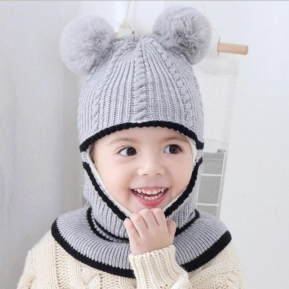 Children's Knitted Woolen Beanie Hat with Scarf Cover and Pom-Poms for Ages 1-6