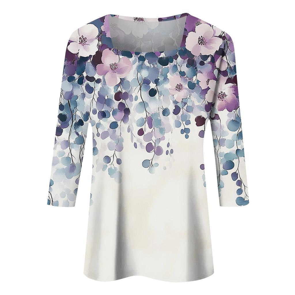 Women's T Shirt Tee Print 3/4 Sleeve Daily Weekend Fashion Basic Square Neck  Regular Top