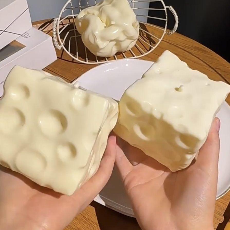 Vaseline Cheese Squishy Stress Relief Toy Realistic Cheese Shape Soft Squeeze Fidget Toy Hole Cheese Sensory Toy for Kids Adults