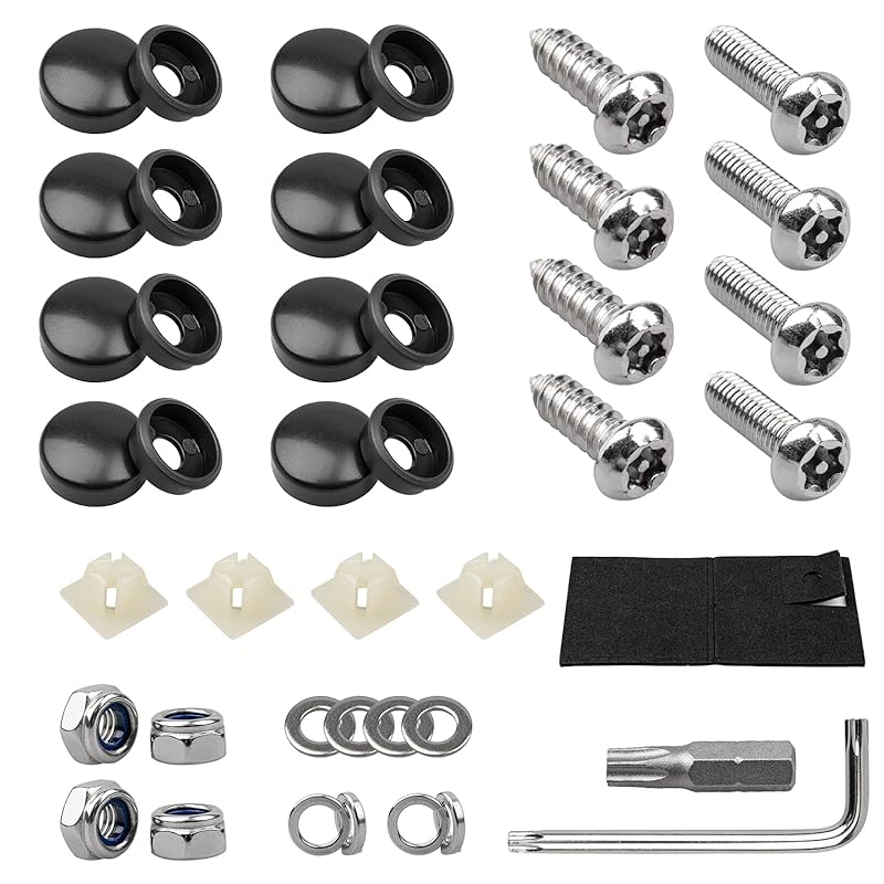 License Plate Screws Kits, Black Anti Theft Mounting Hardware For Car Tag Plate Frames Covers, M6 (1/4") Tamper Proof Screws, Fastener Nut, Caps