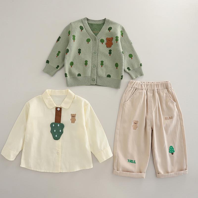 Boys' Long Sleeved 3-piece Set, Autumn and Winter Boys' Cartoon Printed Knitted Jacket, Casual Shirt+long Pants Set, High-quality Clothes