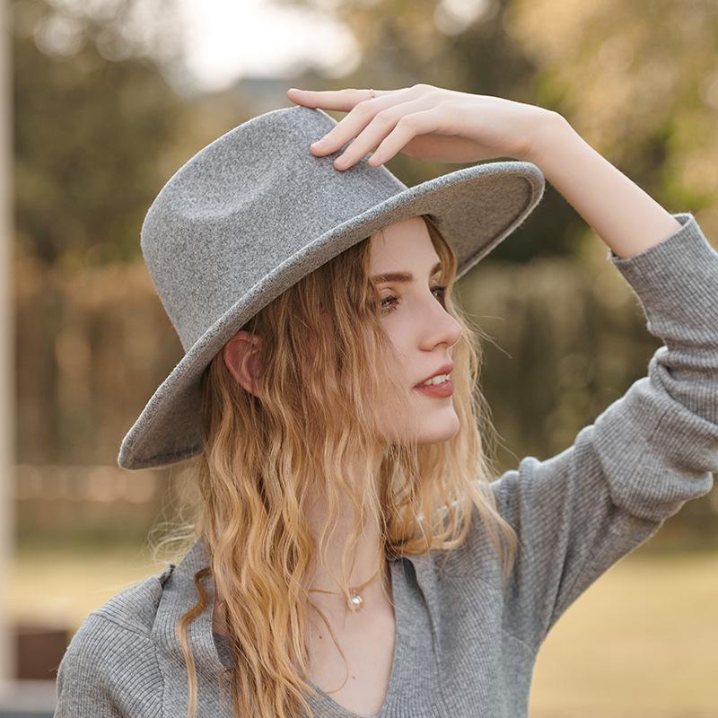 British Jazz Hat Grey Knot Decorative Wool Hat Large Brim Autumn and Winter Elegant Hat
