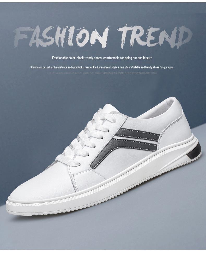 Men's Plus Size Korean Style Casual Cowhide Low-Top Lace-Up Sneakers - Trendy All-Season White Shoes
