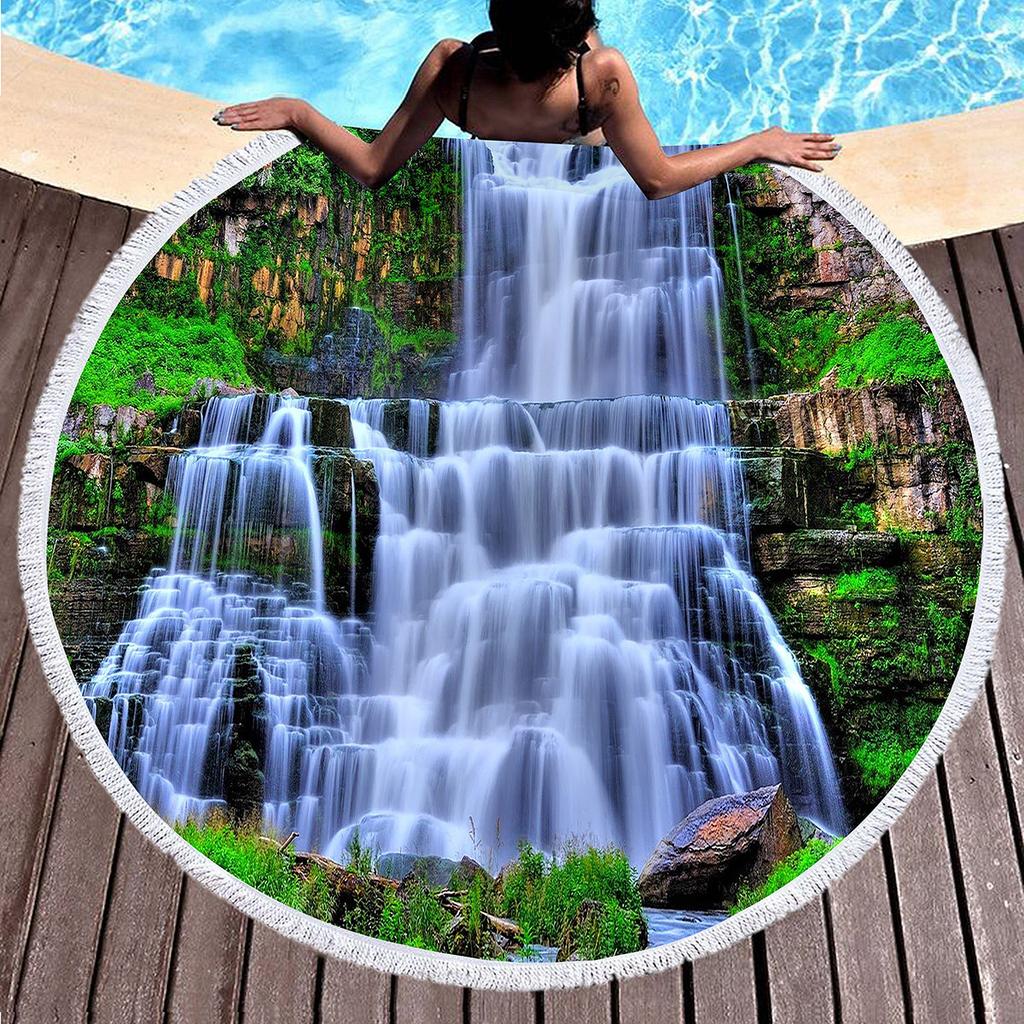Natural Scenery Waterfall Print Round Beach Towel,Microfiber Comfortable Beach Blanket,Absorbent Quick Dry Pool Towel Picnic Mat