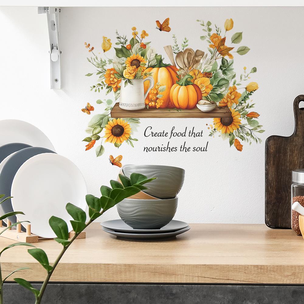Kreative Sonnenblumen-Kürbis- und Englische Slogan-Wandaufkleber für Heimdekoration