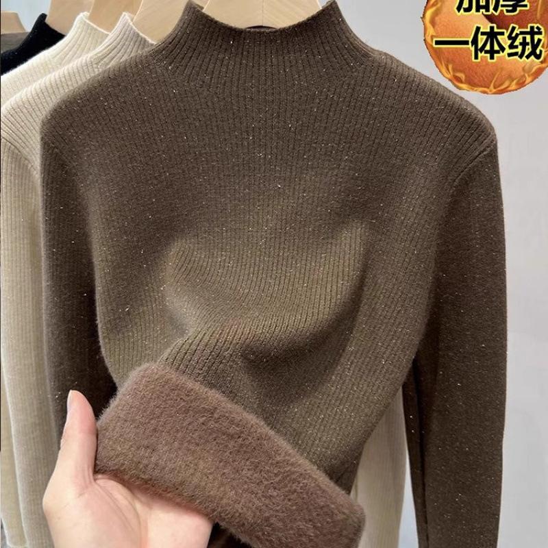 Semi-turtleneck plush thick sweater women's autumn and winter high-end knitted sweater integrated plush warm inner bottoming shirt top