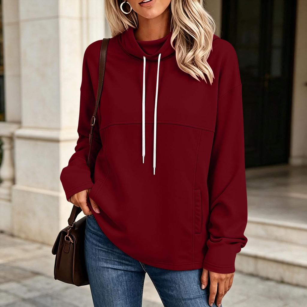 Women's Long Sleeve High Neck Pullover Sweatshirt with Pocket Color Casual Top