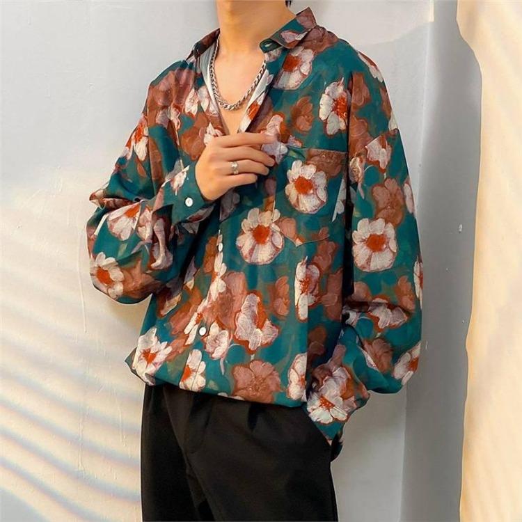 Retro Hong Kong Style Men's Floral Shirt Casual All-Match Jacket Japanese Korean Style Trendy Spring Autumn Fashion
