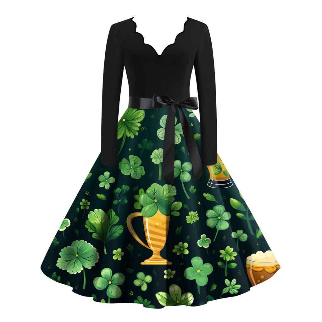 Women's Casual Fashion V-Neck Long Sleeve Printed Vintage Dresses