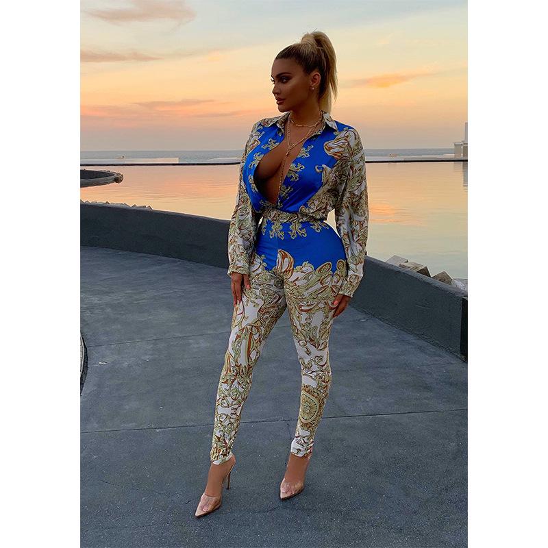 2022 Casual European & American Fashion Print Long-Sleeve Sexy Two-Piece Women's Set