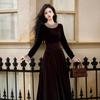 Elegant French Hepburn-Style Black Velvet Dress for Women - Autumn/Winter New Year Party Long Skirt