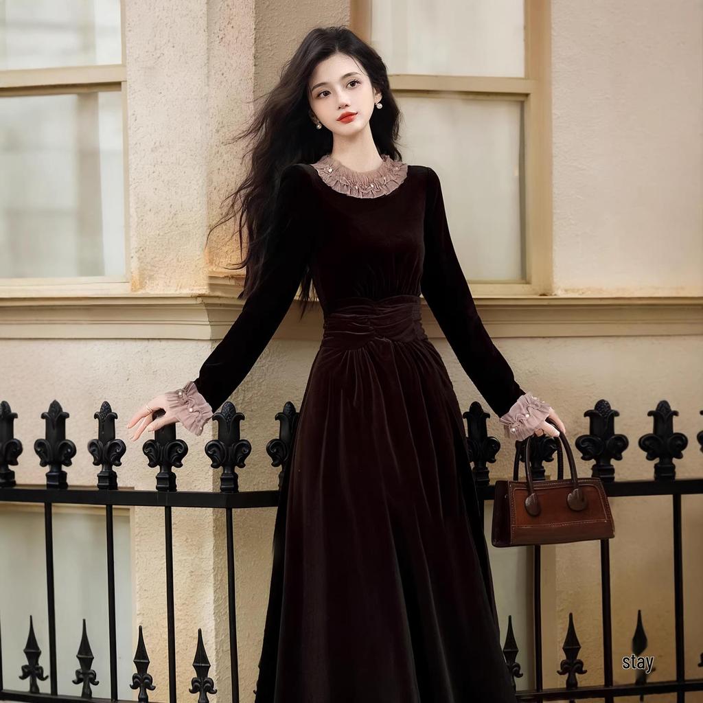 Elegant French Hepburn-Style Black Velvet Dress for Women - Autumn/Winter New Year Party Long Skirt