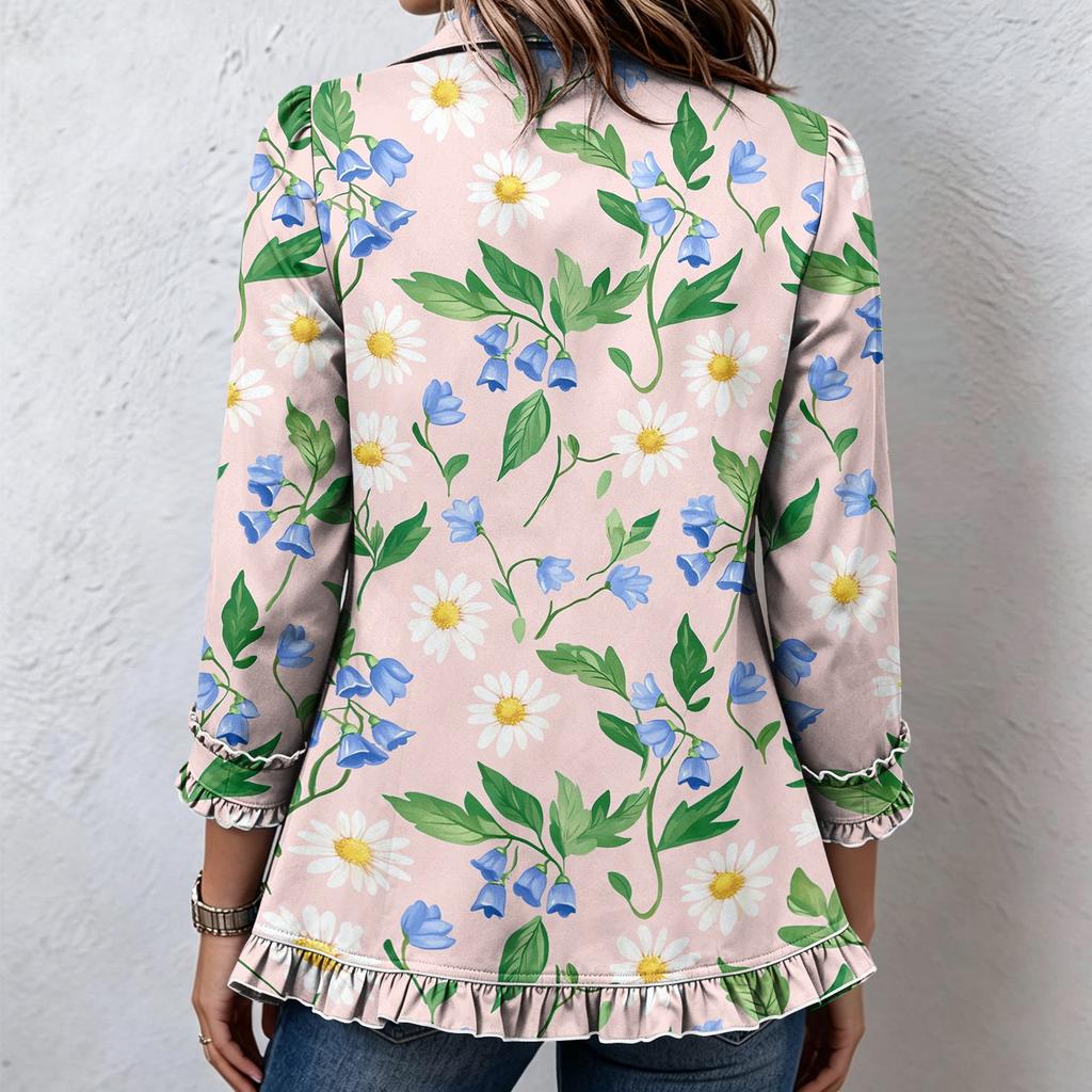 Women's Floral Print Cardigan, Long Sleeve Ruffle Open Front Top, Casual Outerwear for Spring and Fall