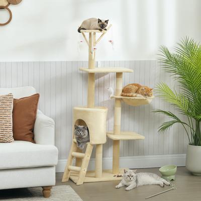 Kratzbaum mit Höhle, 4 Spielzeugen, Sisalsäulen, großer Liegefläche, Treppe, für Katzen unter 5 kg, beige