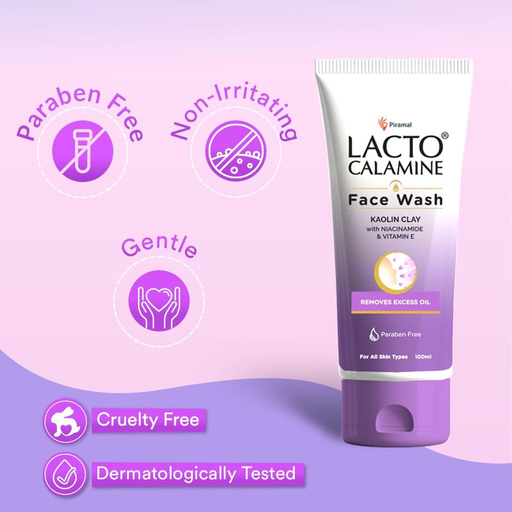 Lacto Calamine Face Wash For Oily Skin Kaolin Clay, Niacinamide & Vitamin E 100ml Pack Of 2 | Controls Oil, Pimples, Blackheads, Whiteheads