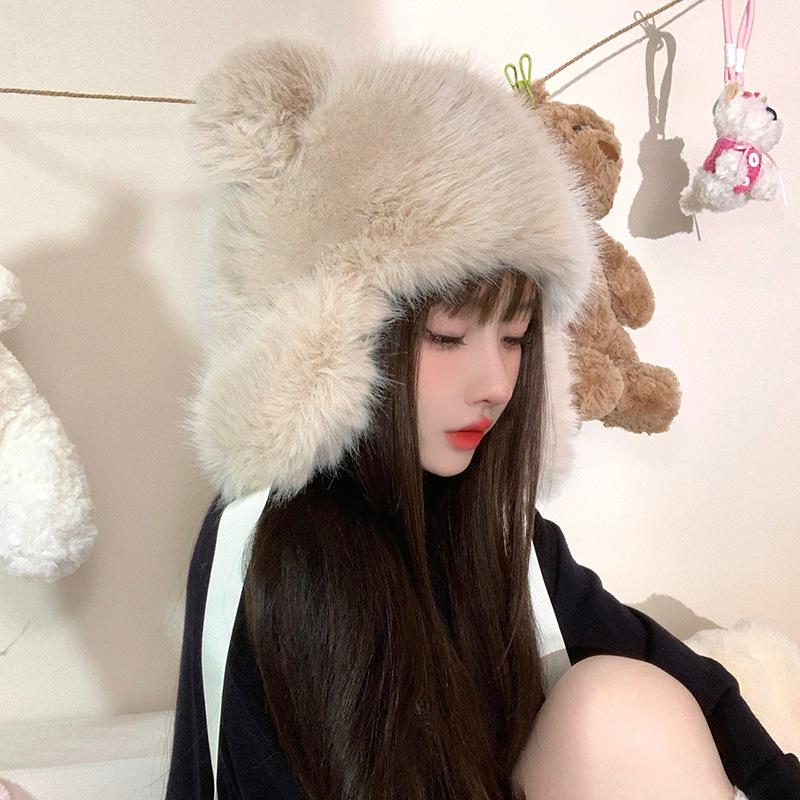 

Милая плюшевая шапка с ушками медвежонка для женщин на осень и зиму, утолщенная теплая шапка-ушанка, уличная защита от холода, шапка-пуловер, делающая лицо маленьким M（56-58cm）