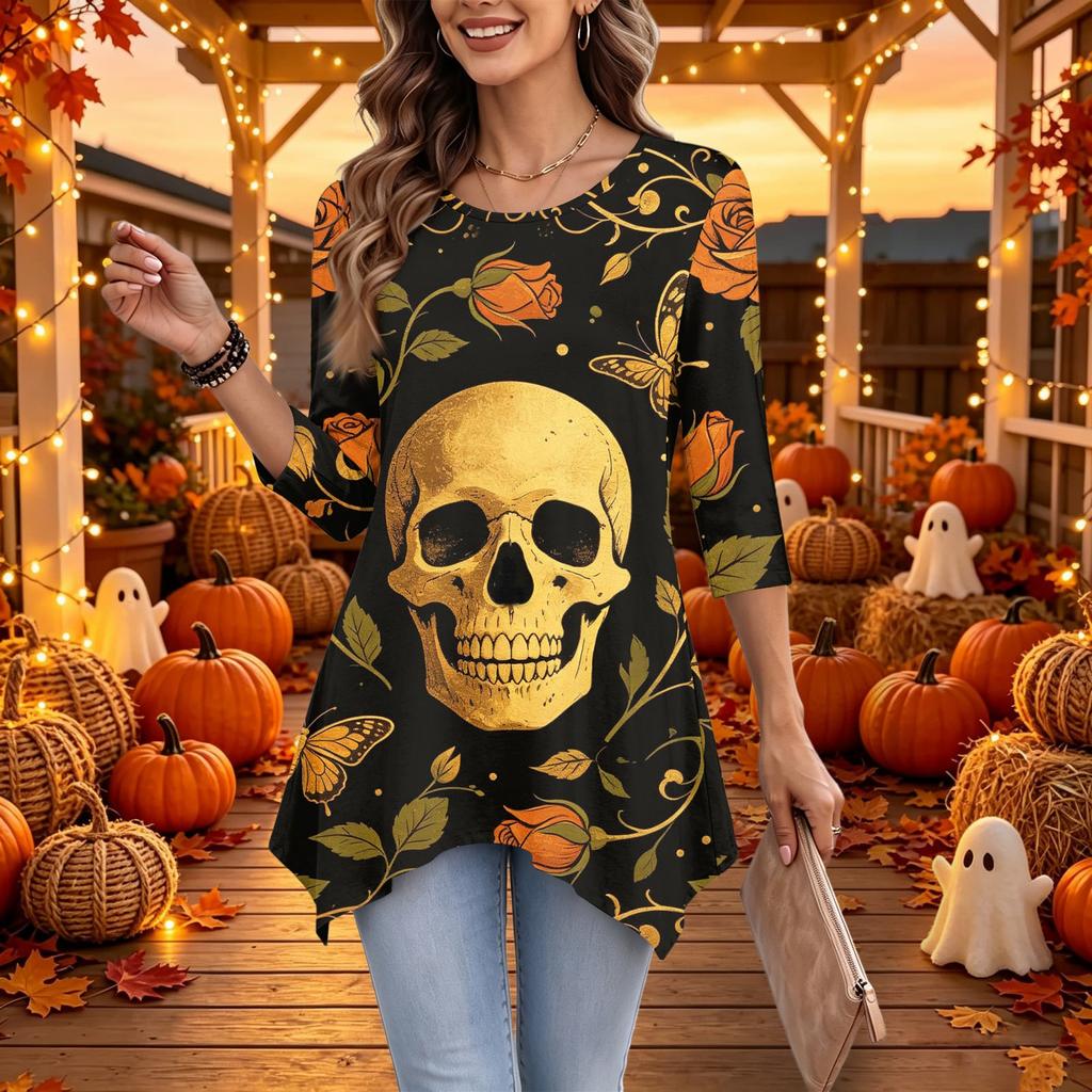Women's Casual Halloween Print Top, Loose Fit Three-Quarter Sleeve