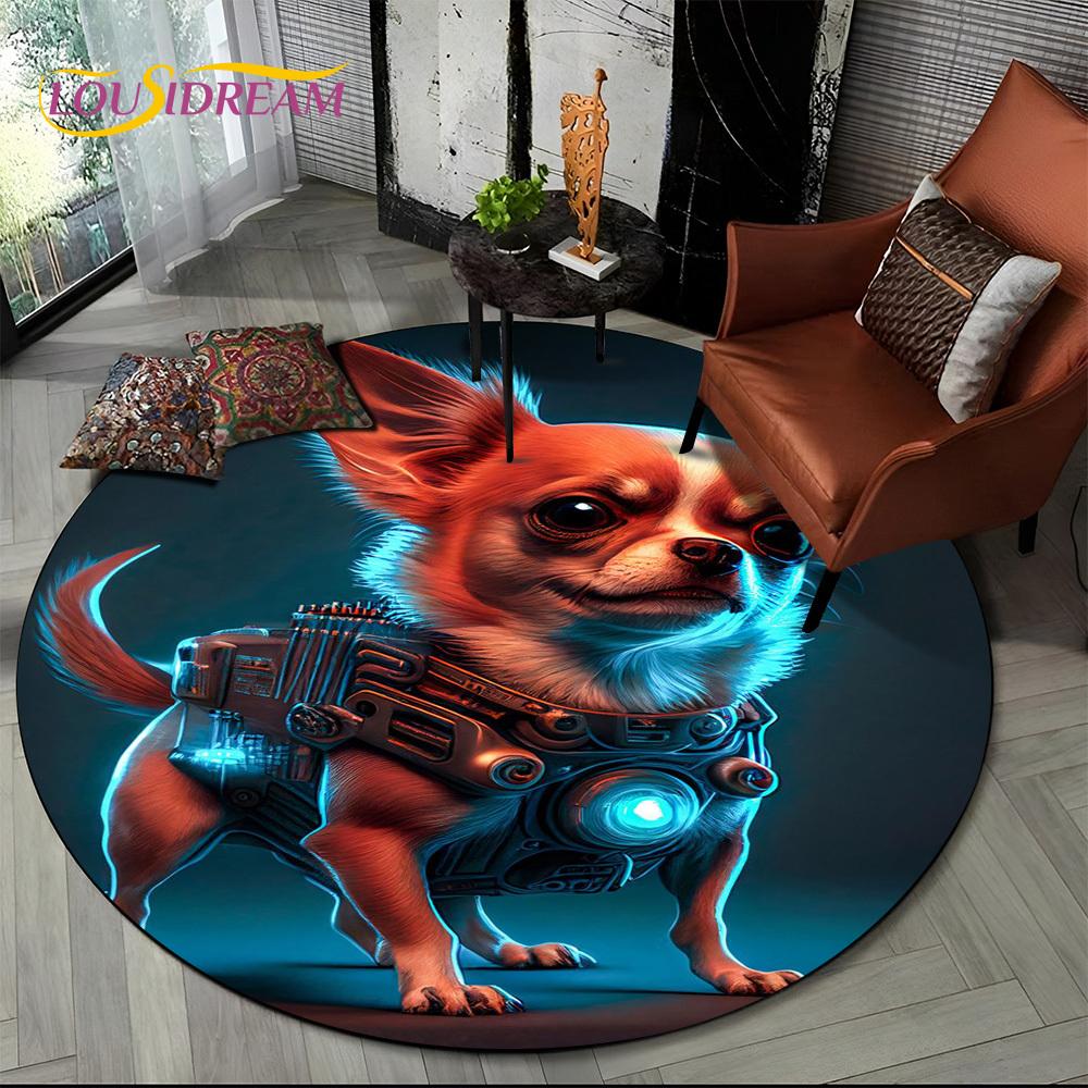 Cute Dog Samoye,Chihuahua,Koki Pomeranian Cartoon Round Carpet Rug for Living Room Bedroom Decor,kids Pet Area Rug Non-slip Mat