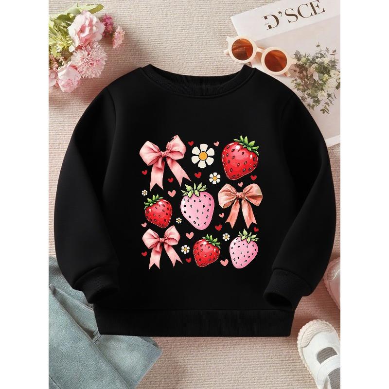 Kids Sweatshirt Sweet Strawberry: A Playful Design Featuring Strawberries, Bows, And Flowers on a Long Sleeve Crewneck Sweatshirt