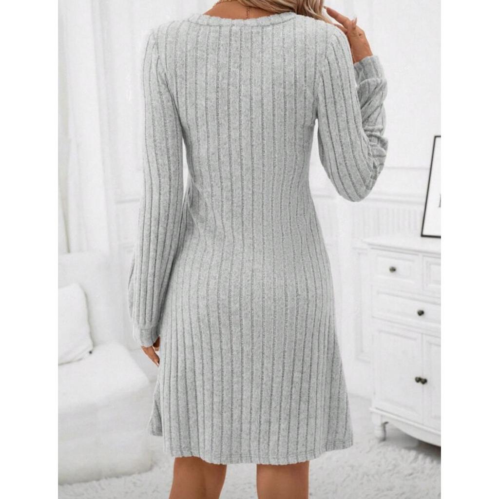 GMXIA Autumn Winter Solid Color Women's V-neck Long Sleeve Knitted Pit Strip Loose Fashion Dress