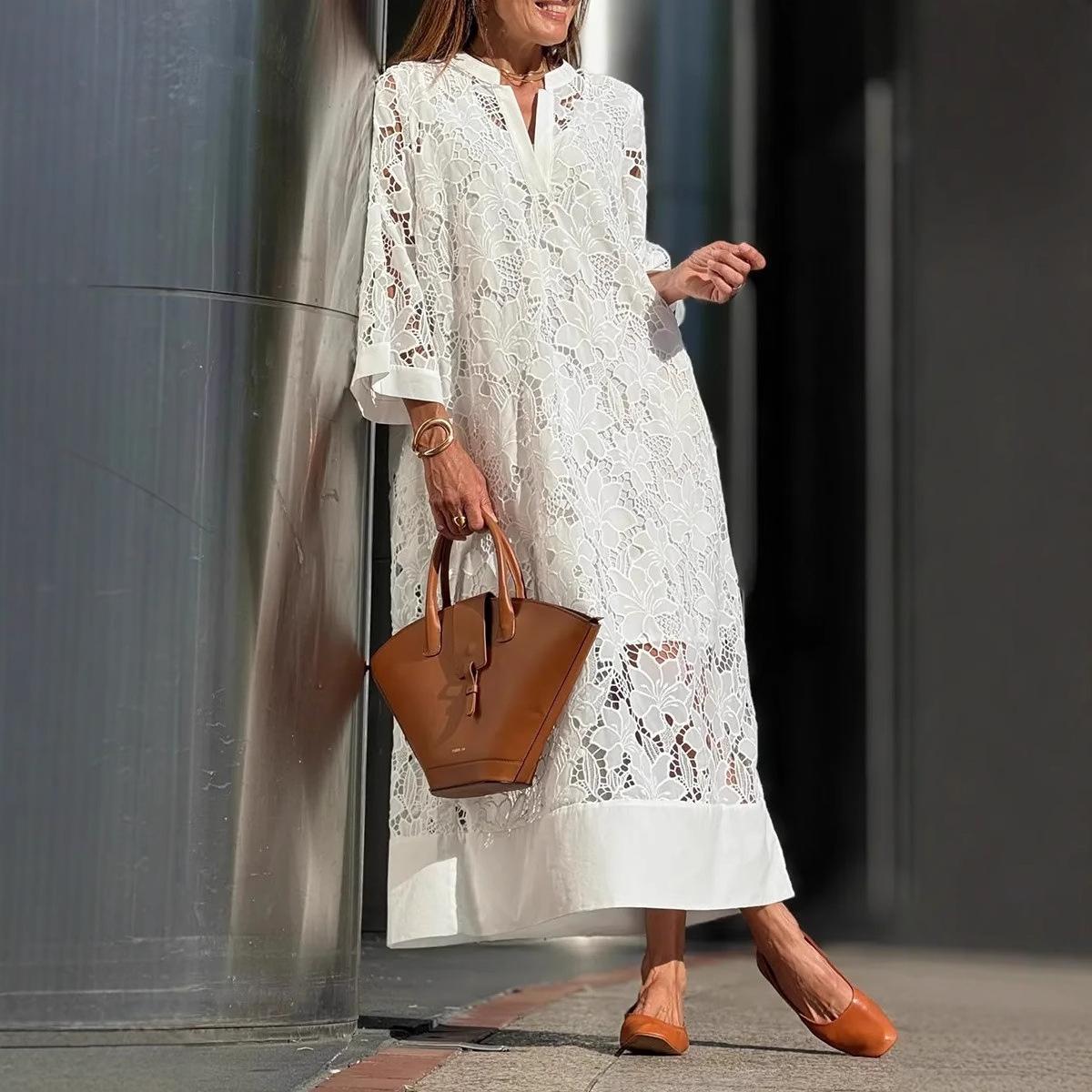 

White Embroidery Lace Dress Women Spring Sexy V Neck Hollow Out Party Dress Boho Loose Long Dress Holiday XXXL белый