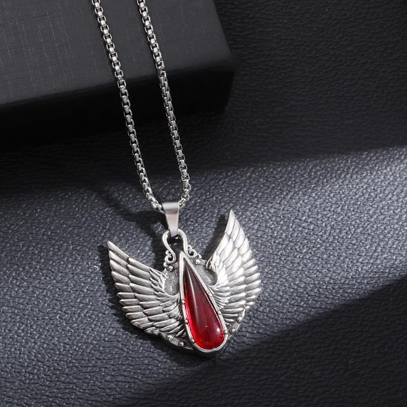 Vintage Celtic Angel Wings Synthetic Ruby Pendant Stainless Steel Necklace for Men Women Fashion Party Punk Jewelry