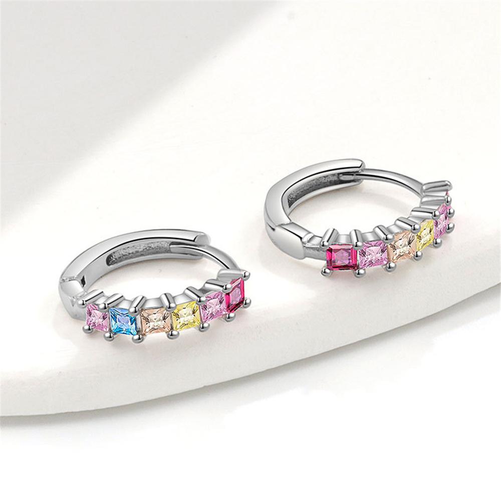 Luxury Female Small Rainbow Square Zircon Stone Hoop Earrings Vintage Fashion Silver Color Wedding  For Women