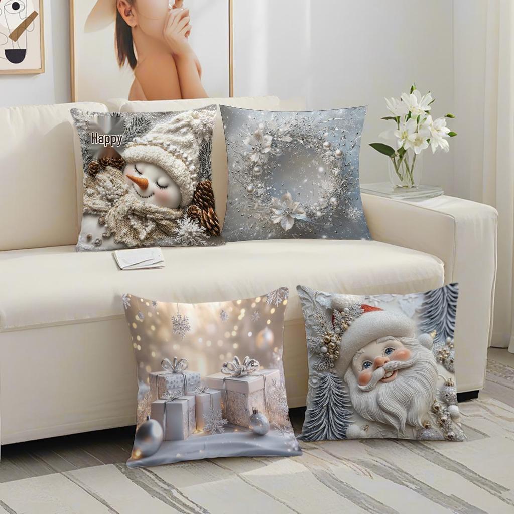 Cute Cartoon Christmas Pillowcase - Polyester Embroidered Print Sofa Cushion for Holiday Decoration
