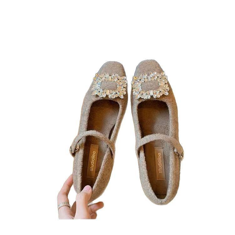 Cowhide Version~ Grape Mom Has the Same New Diamond Buckle with a Small Square Head with a Warm Thick Heel and Mary Jane Women's High-heeled Single