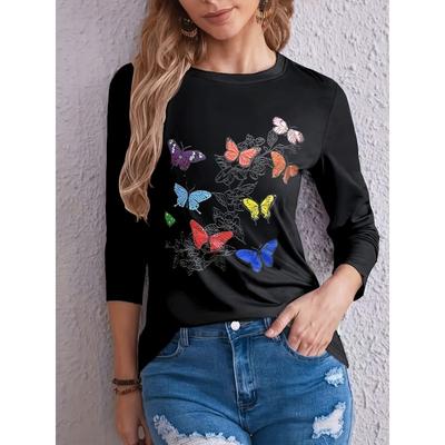 Butterfly Print Crew Neck T-Shirt, Casual Long Sleeve Top For Spring & Fall, Women's Clothing