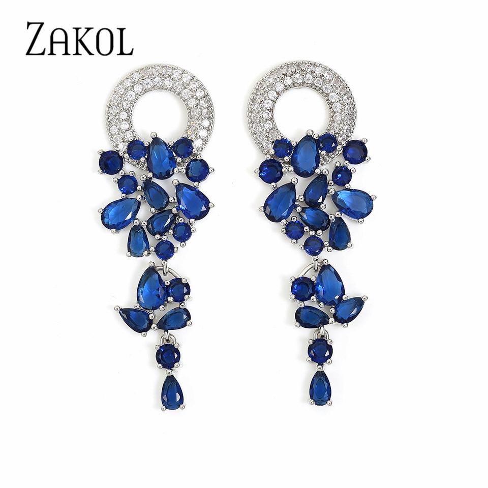 

ZAKOL Elegant Blue Cubic Zirconia Long Tassel Drop Earrings for Women Luxury Leaf Shape Bridal Wedding Stylish Jewelry