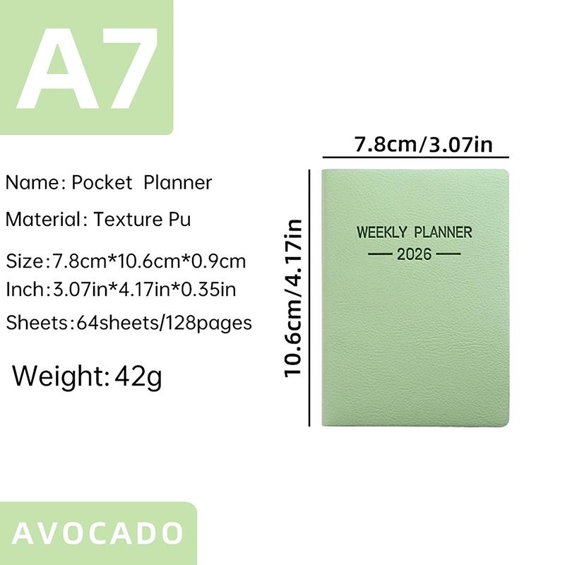 A7 Specification 2026 English Planner Book, Mini Portable Pocket Daily Schedule Book Thin Weekly Calendar