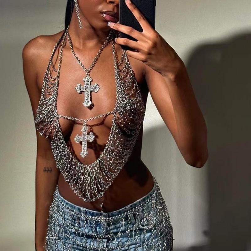 Metal Crosses Pendant Body Chain for Women Adorned with Rhinestones Halter Neck Crop Top for Parties and Casual Outings