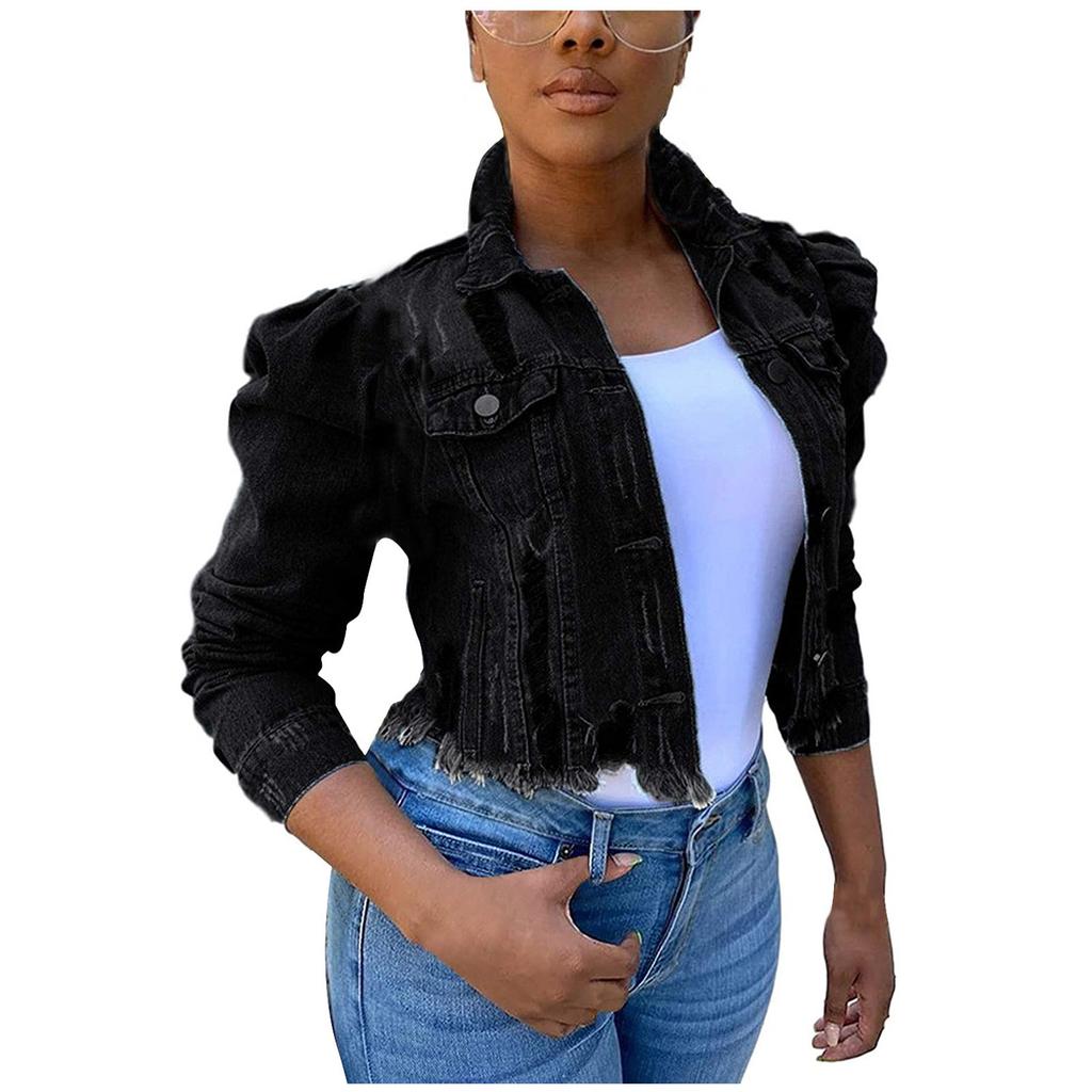 Fashion Women's Solid Button Wear Out Long Puff Sleeve Denim Jacket Coat