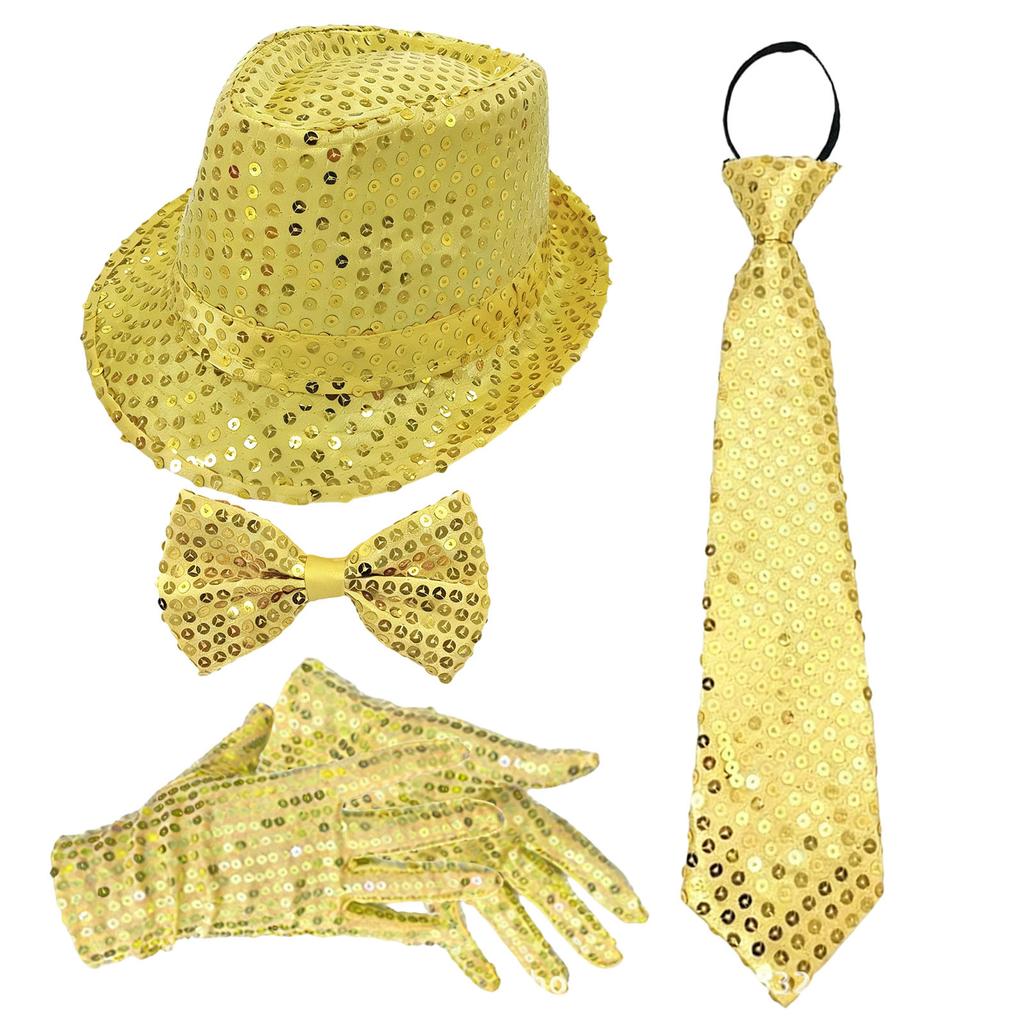 Prestandaprops: Paljettprydd hatt, slips, handskar, hängslen, herrkostym