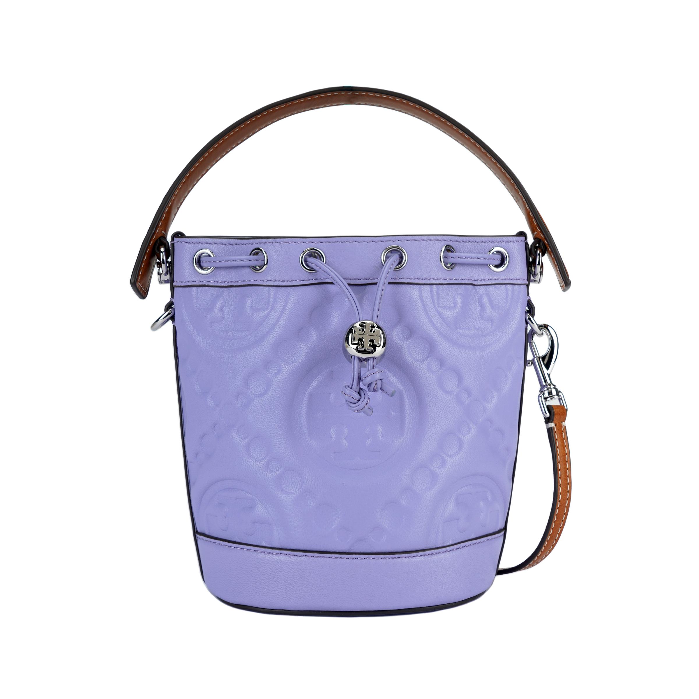

Tory Burch Letter Combination Embossed Napa Leather And Calfskin Bucket Bag Mini Women bags Purple 153113-501 Basic Set (Bag+Dust Bag)